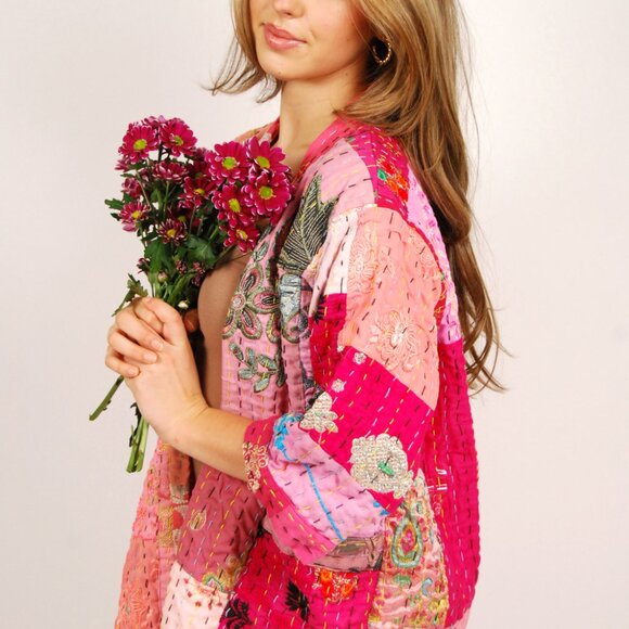 90s Embroidered Jacket (L) large pink coat patchwork vintage quilt paisley boho - Picture 10 of 10